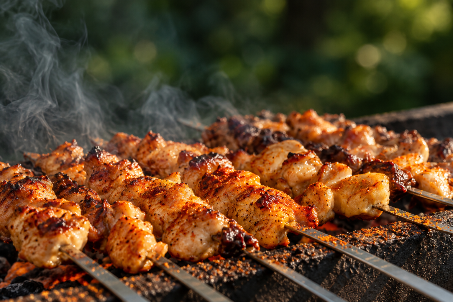 Imagen ilustrativa de brochetas doradas sobre una parrilla