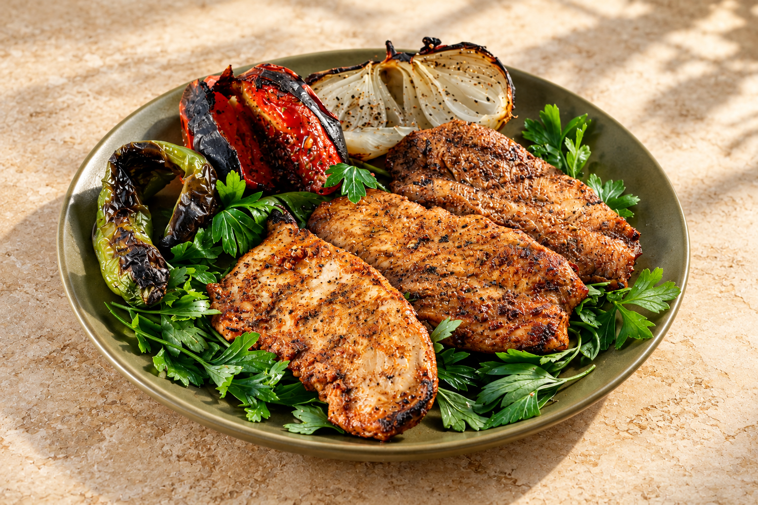 Imagen ilustrativa de pollo asado con verduras y hierbas en un plato verde